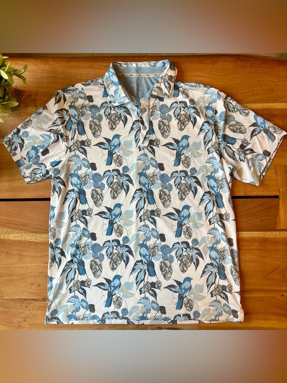 Walter Hagen White Polo with Blue and Gray Bird Print